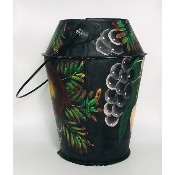 Vintage Tole Painted Bucket Handle Hand Painted Metalware Toleware 8" Black - Picture 2 of 10
